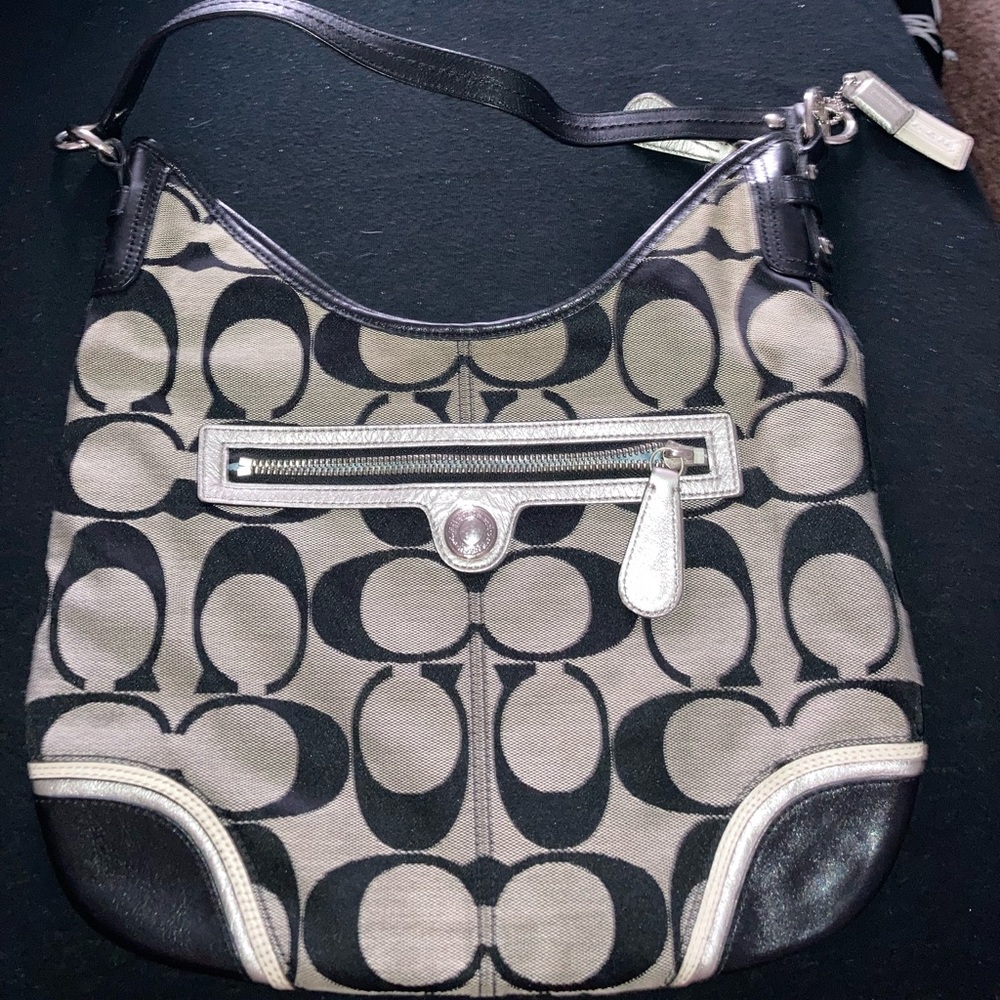 Black and grey shoulder coach purse